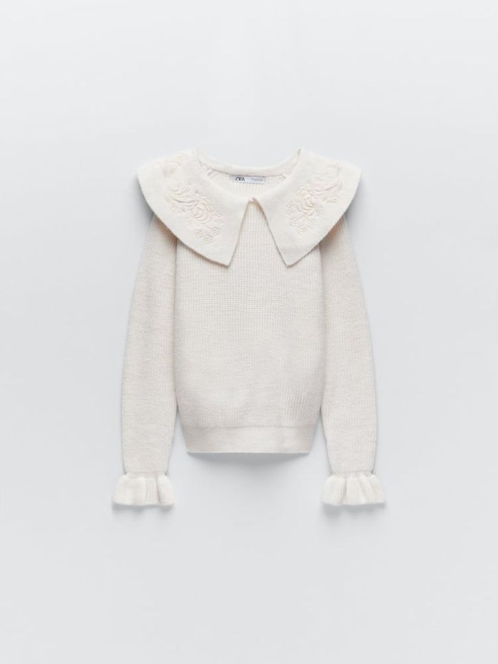 Zara Cream Embroidered Peter Pan Collar Knit Sweater